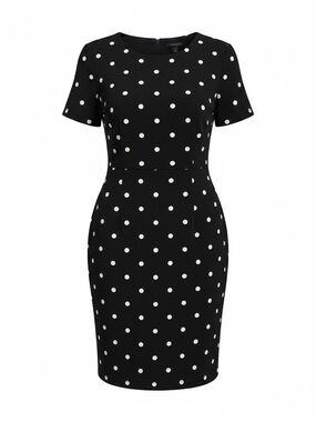 Ann Taylor Black with White Polka Dots Short Sleeve Fitted Sheath Dress SZ 14